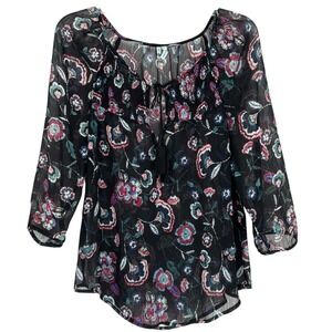 Maurices Black Sheet Floral Smocked Peasant Blouse Tassel Tie 3/4 Sleeve Size M